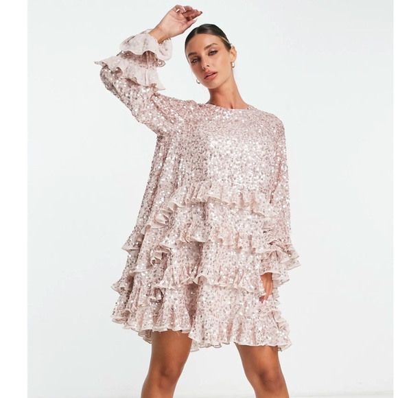 asos sequin shift dress NEW ASOS METALLIC SILVER SEQUIN LONG SLEEVE SHOULDER PADS MINI SHIFT DRESS SZ 4